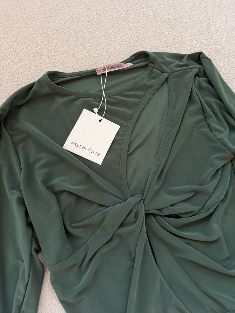 Vici Deep Olive Twist-Front Long Sleeve Bodysuit